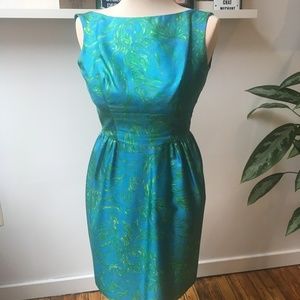 Vintage 60s teal silk boat neck cocktail dress